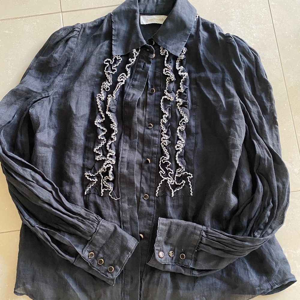 Zimmerman Button Down Ruffle Black White Ramie Blouse Shirt Top Size O